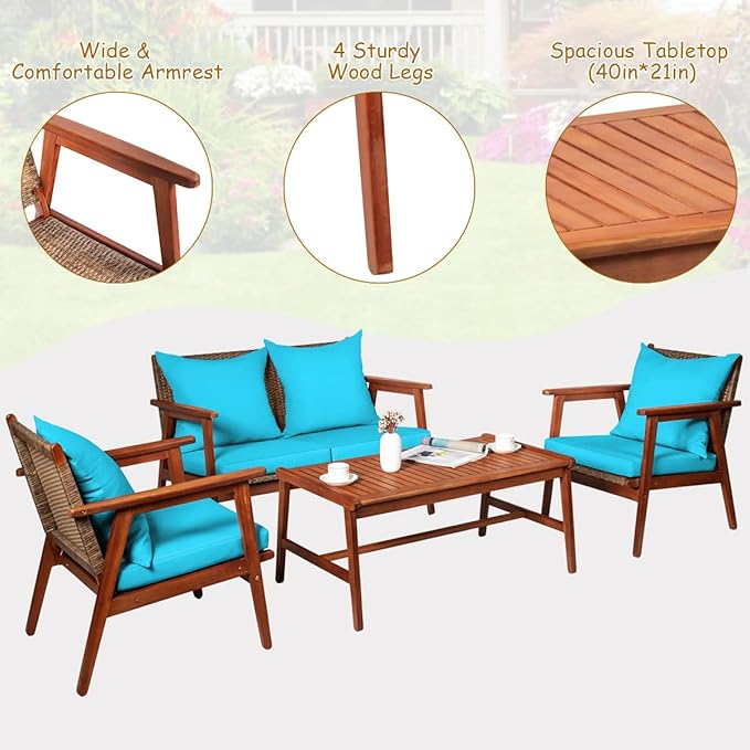 Tangkula 8 PCS Patio Wood Sofa Set, Outdoor Acacia Wood Seating Chat Set with Cushions & Coffee Table, Sectional Conversation Sofa Set for Garden, Backyard, Poolside (2, Turquoise)