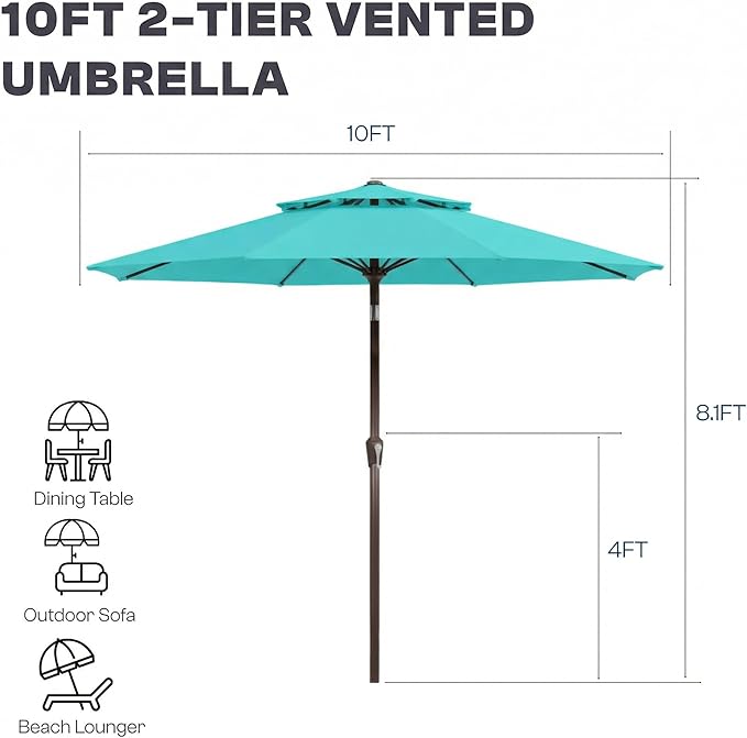 Outdoor Patio Umbrella, 2 Tiers Market Table Umbrella with 8 Sturdy Ribs, Push Button Tilt and Crank, UPF50+ UV Protection for Deck, Pool, Garden and Backyard