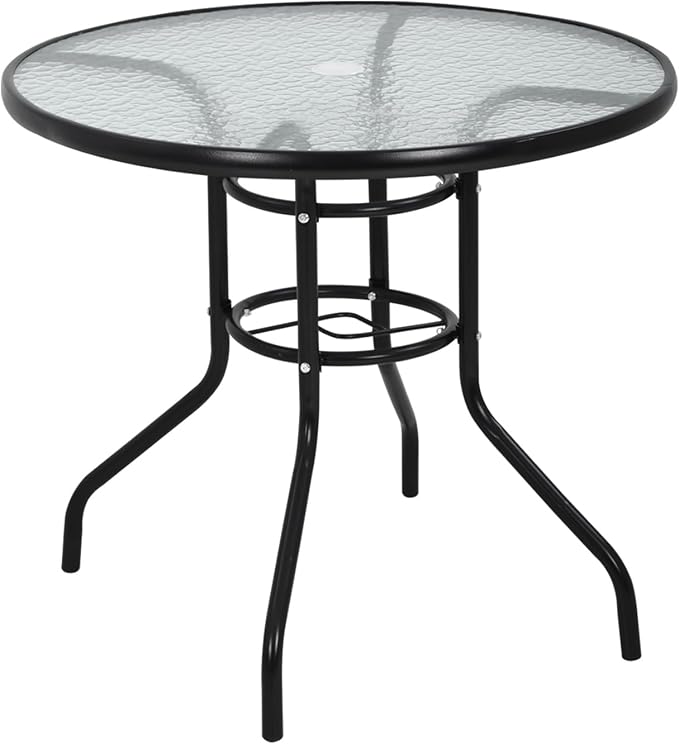 32" Outdoor Patio Table with Umbrella Hole Round Outdoor Coffee Table Tempered Glass Top, All Weather Dining Table Bistro Table Suitable for Backyards, Balconies, Gardens and Lawns (Round)