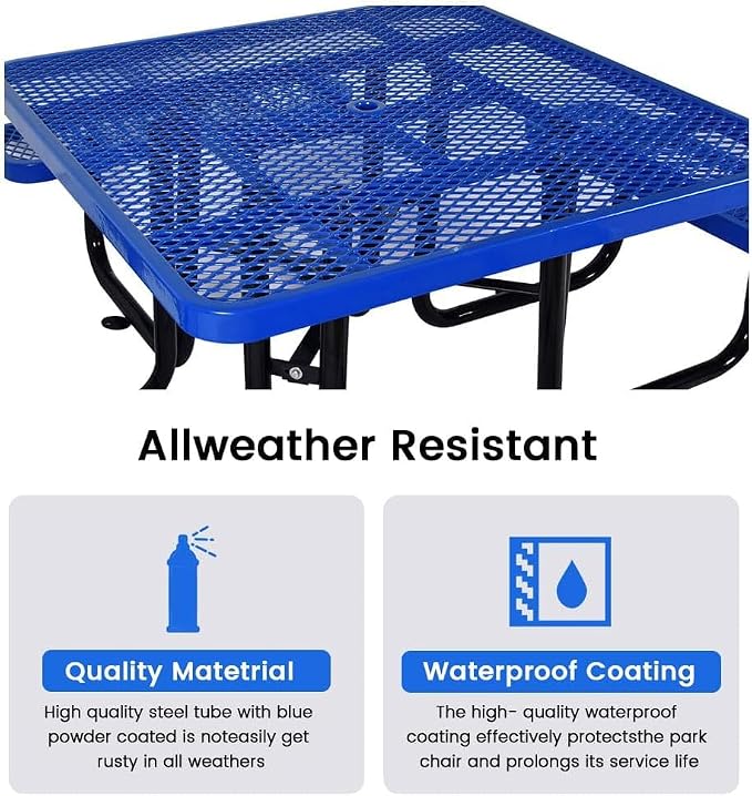 46" Square Commercial Picnic Table for 4-8 Person, Heavy Duty Metal Outdoor Picnic Table with Umbrella Hole for Coffee Shop, School, Hospital, Easy to Install, Blue