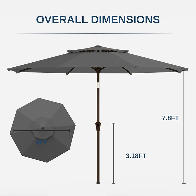 9ft 2-Tiers Patio Umbrella,Outdoor Market Table Umbrella with Push-Button Tilt & Crank | UV Protection,Suit for Backyard,Garden,Pool,Deck(Gray)