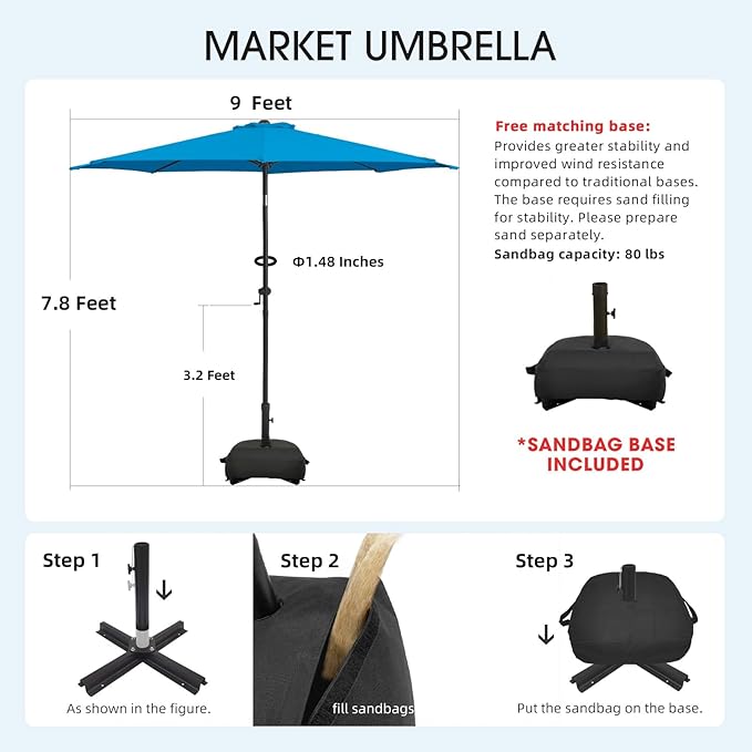 wikiwiki 9FT Patio Umbrella with Base, Outdoor Umbrellas with Base Included, 8 Sturdy Ribs, Waterproof Fade Resistant POLYESTER DTY Canopy for Deck, Lawn, Garden, Backyard & Pool, Royal Blue
