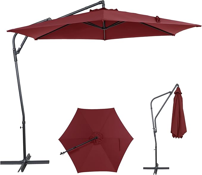 10FT Offset Patio Umbrella, Cantilever Hanging Umbrella with Infinite Tilt, Fade-Resistant Water-Repellent Canopy & Cross Base for Yard, Garden & Deck
