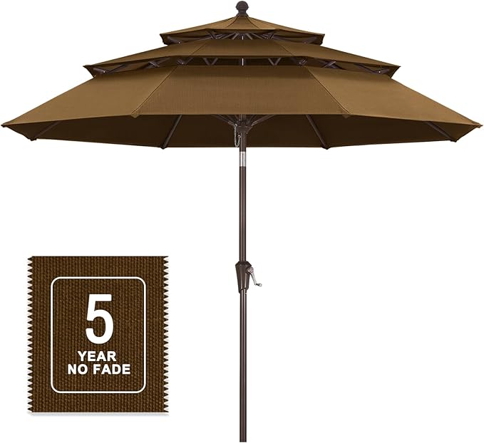 MASTERCANOPY 9ft 3-Tier Olefin Patio Umbrella with Tilt Crank, 5-Year-Non-Fading Canopy & 8 Fiberglass Ribs for Deck, Patio, and Garden, Dark Brown