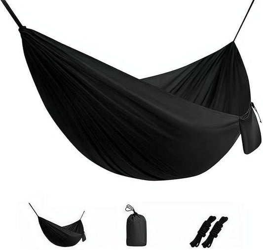 Camping Hammock Lightweight Portable Double Swing with 2 Tree Straps, Heavy Duty Parachute Nylon Bed for Backpacking Hiking Beach, Outdoor Essentials for Backyard Patio Camping Gear (Black)