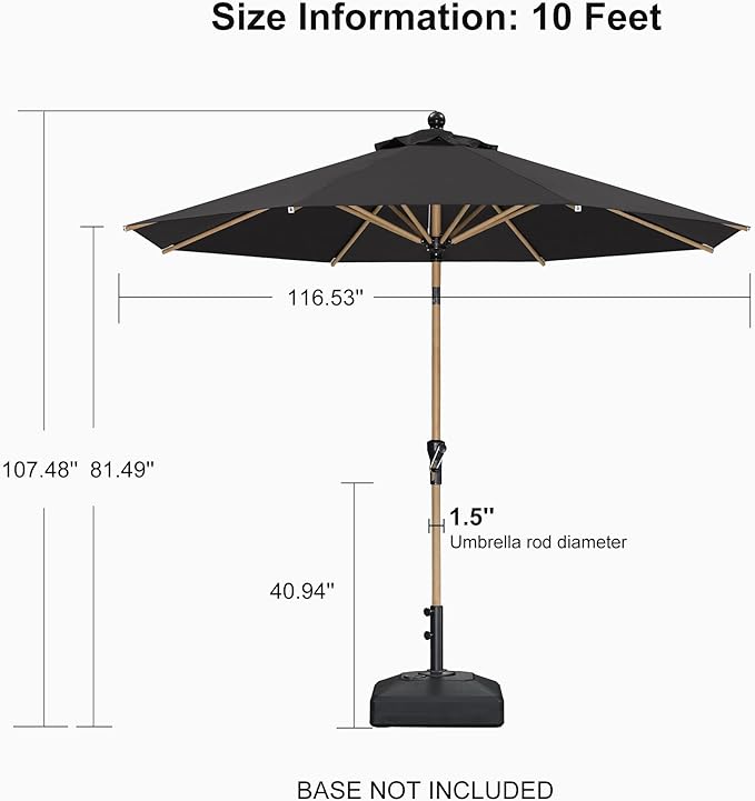 PURPLE LEAF 10 Feet Patio Umbrella Outdoor Table Umbrella Round Aluminum Market Umbrella with Push Button Tilt & 8 Sturdy Ribs and Crank Outdoor Umbrellas for Garden Deck Patio, Black