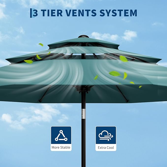 Garvee 10Ft 3-Tier Patio Umbrella, Outdoor Table Umbrella with Vents, Easy Crank and Push Button Tilt, Market Umbrella with 8 Sturdy Ribs for Pool, Deck, Yard, Garden -Turquoise