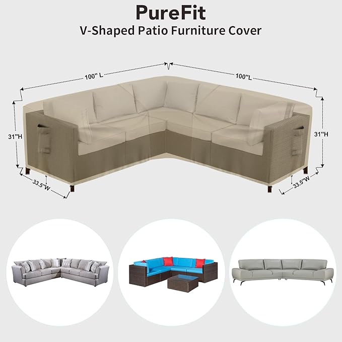 PureFit Outdoor Sectional Sofa Cover Waterproof V Shaped Patio Furniture Covers for Deck, Lawn and Backyard, 100”x100”, Camel