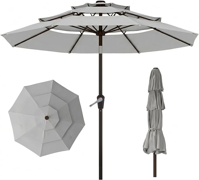 10ft 3 Tier Patio Umbrella, Outdoor Market Table Umbrella with UPF 50+ Vented Canopy, 8 Sturdy Ribs, Easy Push Button Tilt and Crank, Windproof for Deck, Pool, Backyard and Garden