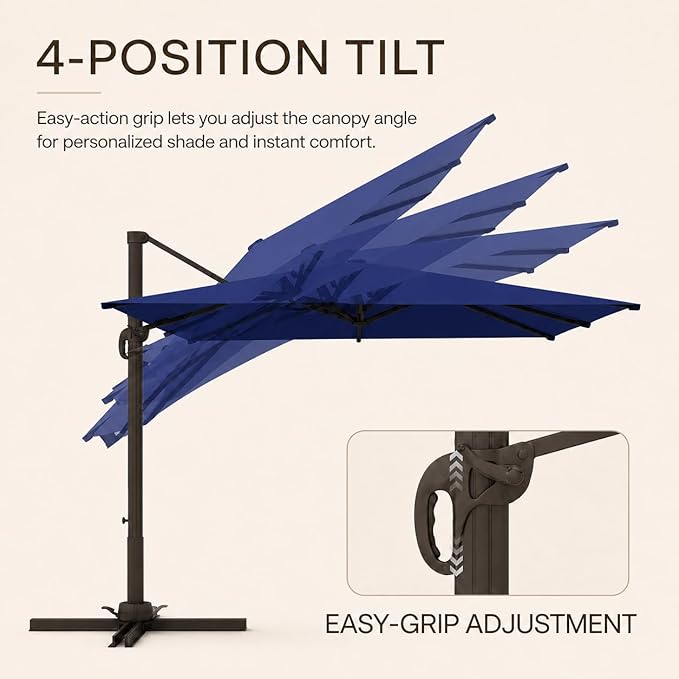 Kingdura 9' X 9' Cantilever Patio Umbrella with Base Included, Large Square Outdoor Offset Umbrella with 360-degree Rotation, 4 Position Tilt, UV Protection for Pool Deck Garden Patio (Navy blue)