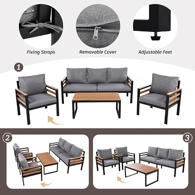 4-Piece Outdoor Furniture Sofa Set for 5 People with Armrests, Patio Conversation Set with Removable Cushion and Solid Wood Coffee Table for Garden, Grey