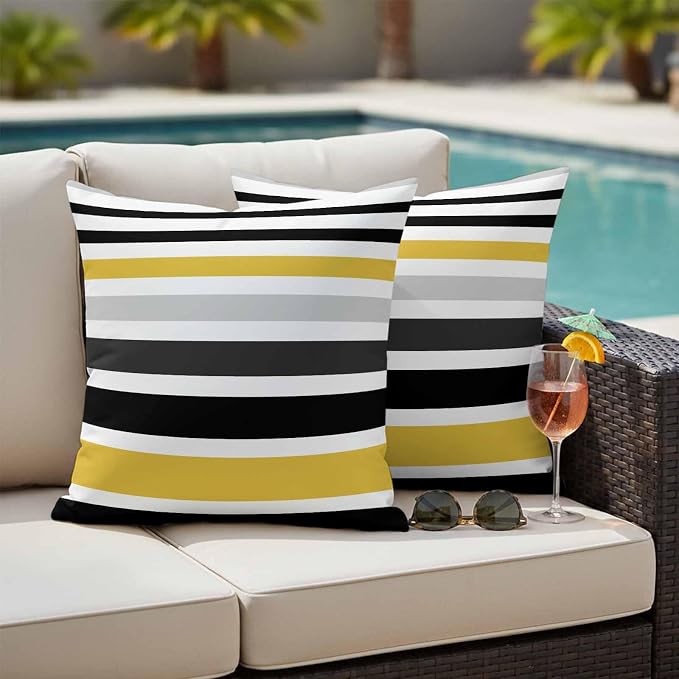 Outdoor Pillow Covers Set of 2, Watercolor Classic Stripe Decorative Throw Pillow Covers 18X18IN, Grey Black Yellow Lines Throw Pillows Protector Cushion Case for Patio,Couch,Sofa,Garden