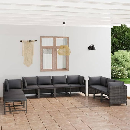 10-Piece Patio Conversation Set Grey PE Rattan Modular Outdoor Sectional Couch 23.6"x23.6"x23.6" for Garden Balcony Terrace