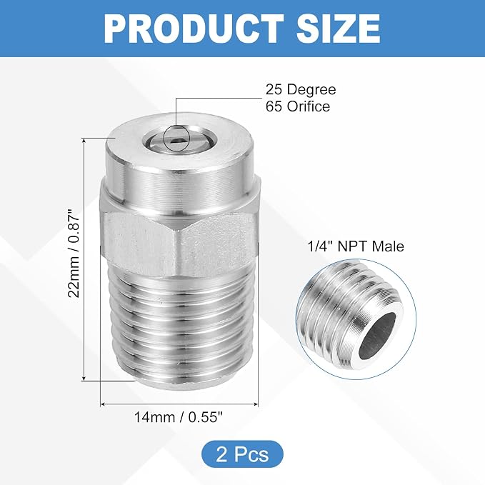 uxcell 2Pcs Pressure Washer Nozzle, Stainless Steel Thread Nozzles Tips, Universal Replacement for Undercarriage Cleaner Water Broom, 1/4 Inch NPT Male, 25 Degree 065 Orifice