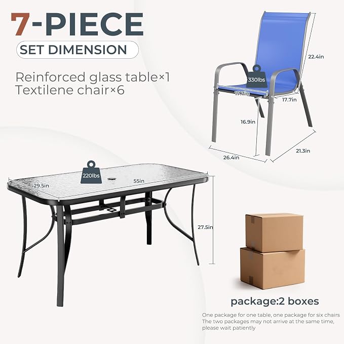 TLSUNNY Patio Dining Set for 6, Outdoor Table and Chairs W/1.69″ Umbrella Hole, 30"X 55" Table and Stackable Textilene Chair, All Weather Patio Furniture Set (Black Table & Navy Blue Chair)