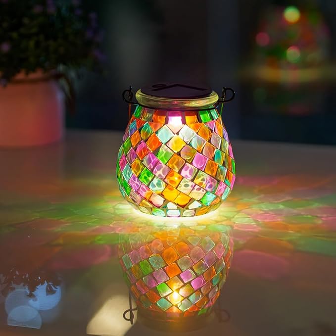Stargarden Mosaic Solar Lanterns Outdoor Waterproof, Colorful Glass Hanging Lantern Decorative Solar Lights for Yard, Patio, Lawn, Gaden Decor