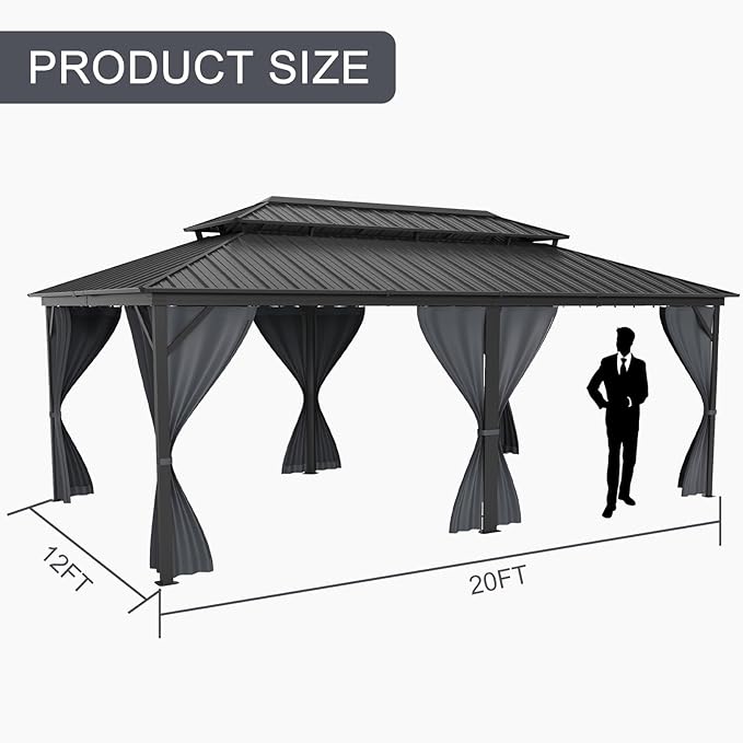 12' x 20' Hardtop Gazebo with Galvanized Steel Double Roof, Heavy Duty Outdoor Gazebo with Netting & Curtains for Patio, Backyard, Deck & Lawn