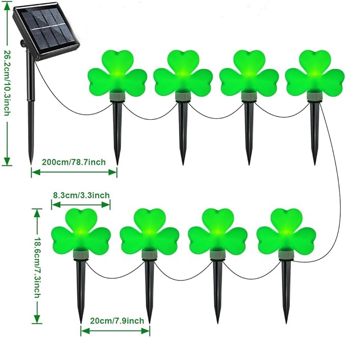 St Patricks Day Decorations Solar Garden Lights Outdoor Waterproof 8 Pack Green Shamrock Three Leaf Lucky Clover Solar Stake Lights 8 Modes for Yard Pathway Party Outside Irish St. Patrick's Day Decor