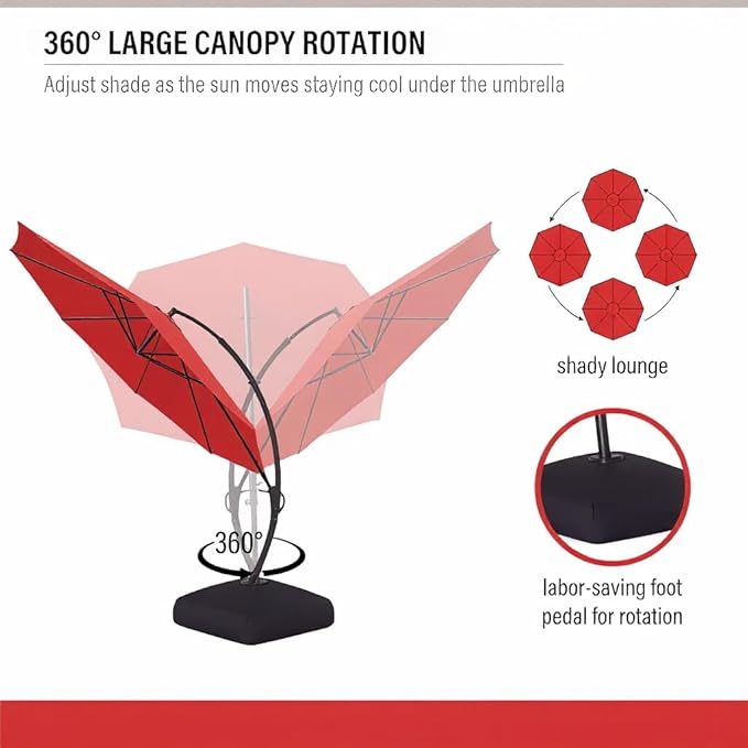 LAUSAINT HOME 12ft Patio Cantilever Umbrella with Base Included, Outdoor Curvy Round Offset Umbrella, Heavy Duty Aluminum, 360° Rotation for Pool, Deck, Lawn, Backyard (Red)