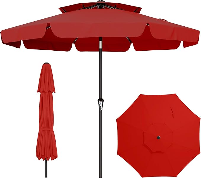 AreShark 10ft 2-Tier Patio Umbrella with Valance - Outdoor Umbrella Waterproof UV Protection, Market Table Umbrella w/Push Button Tilt&Crank for Pool, Balcony, Garden(Red)