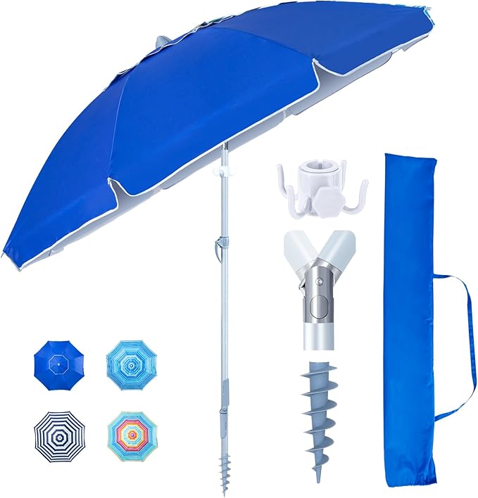 Tempera Heavy Duty High Wind Beach Umbrella with Sand Anchor & Carry Bag | Patio Outdoor Umbrella with Aluminum Frame and Push Button Tilt, Ideal for Travel Garden Lawn, UPF 60+