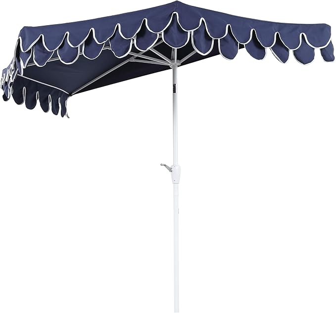 JONATHAN Y Terrace Scalloped 9 ft. Half Round Patio Umbrella with Crank Lift and Tilt, Coastal Semicircle Market Wall Umbrella for Balcony, Navy/White, White Pole UMB1202G