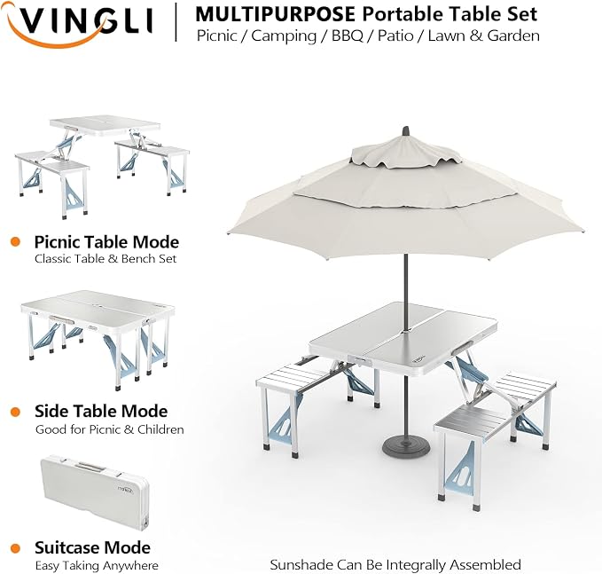 VINGLI 4Ft Folding Camping Picnic Table with Seats/Umbrella Hole-265 Lbs Support that Lightweight and Fold Up Card Suitcase Table Aluminum Alloy Frame, RV Tabletop with Soft Handl