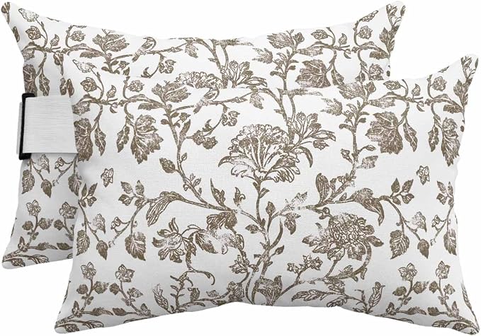 Pack of 4 Outdoor Lumbar Pillow Covers 12x20 Inch, Brown Flower Waterproof Throw Pillow Covers Set, Vintage Farmhouse Boho Leaf Spring Plant Indoor&Outdoor Cushion Cases for Patio Porch Beach
