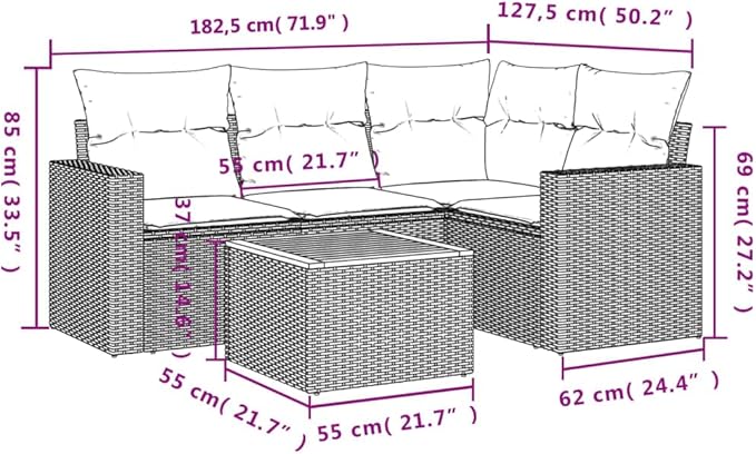 vidaXL Patio Sofa Set with Cushions 5 Piece, Outdoor Conversation Set, Patio Furniture Set for Balcony Garden, Modern Style, Gray Poly Rattan