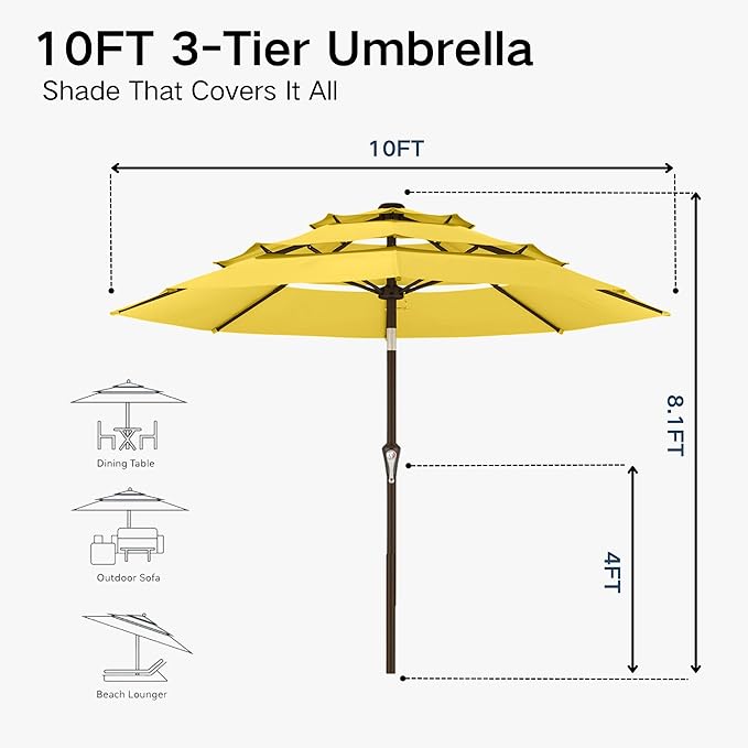 Kingdura 10ft 3-Tier Patio Umbrella, Outdoor Table Umbrella with Easy Crank & Tilt, 8 Reinforced Ribs, UV Protection for Deck, Pool, Market, Backyard (Yellow)