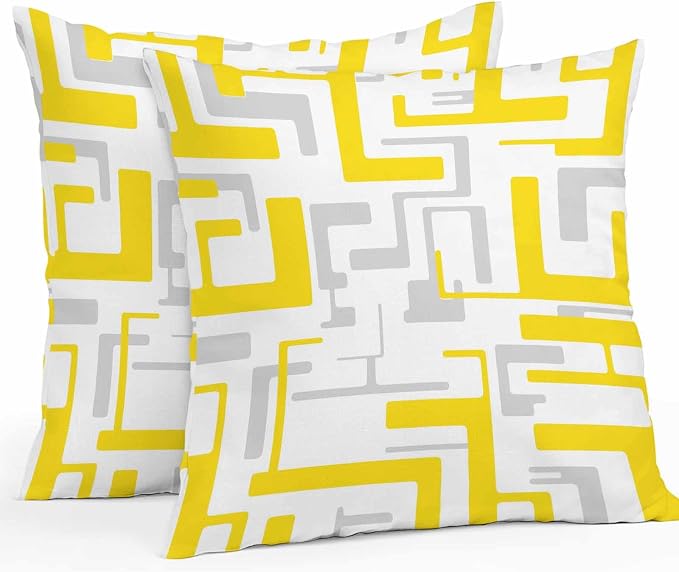Geometric Outdoor Pillow Shams Set of 2, Decorative Pillowcases Cushion Case, Soft Throw Pillow Covers Waterproof Pillow Case 16x16 Inch, Abstract Lines Yellow Gray Modern Art