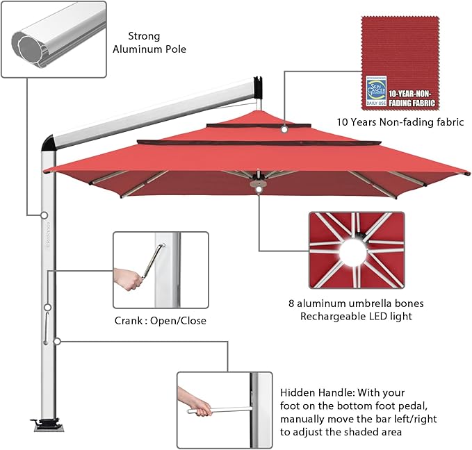 EliteShade USA Atlas 3-Tier 10x10FT Full Aluminum Cantilever Patio Umbrella for Outdoor restaurant Garden Courtyard Deck Pool and Marketing with Light,Red