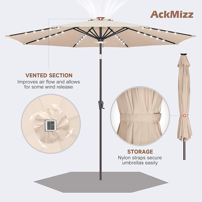 10ft Solar Umbrella Outdoor - Lighted Solar Patio Umbrella with 40 LED Lights Waterproof UV Protection, Table Umbrella with Tilt for Pool, Porch, Garden, Deck, Backyard (Beige)