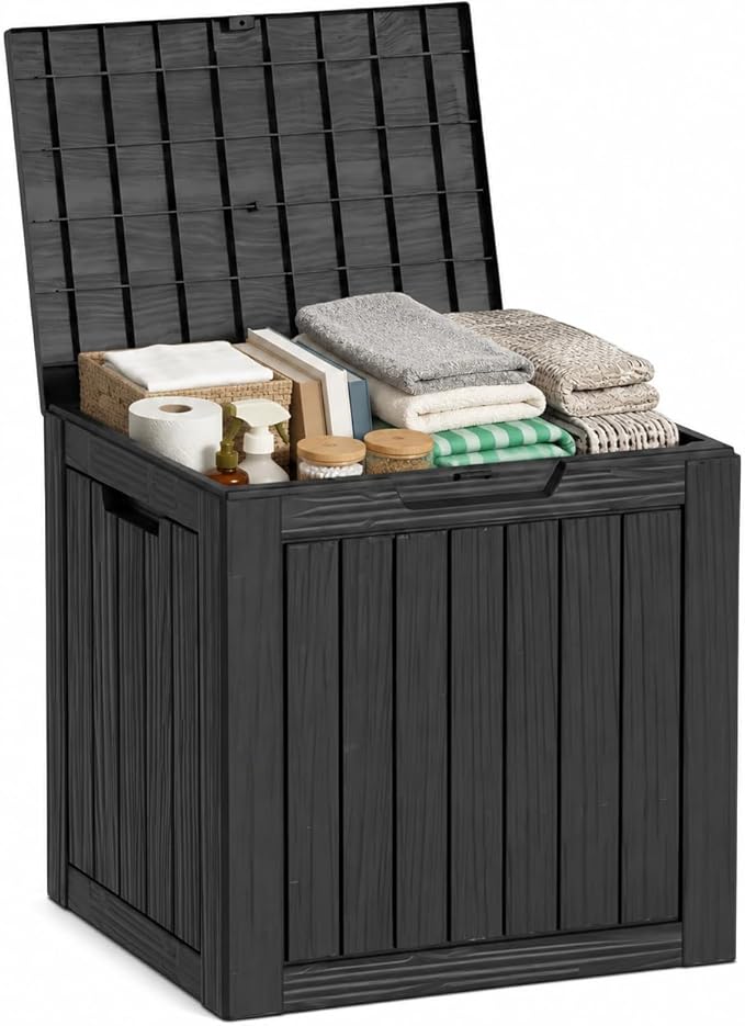 Outdoor Deck Patio Storage Box - 35 Gallon Small Outdoor Deck Box, Plastic Storage Bin with Lid, Outside Toy Box & Pool Storage Container for Cushions, Garden Tools, Towel, Lockable Chest, Black