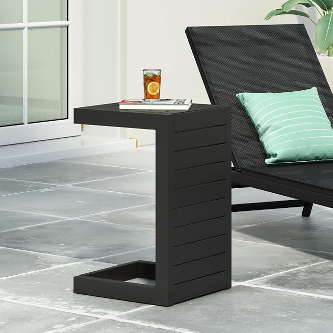 Modern Aluminum C-Shaped Outdoor Side Table for Patio, Poolside, or Garden - Sleek Silver Finish with Space-Saving Design (Black + Aluminium)