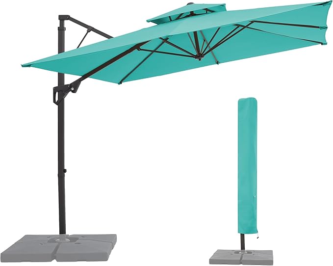 JEAREY 9ft 2-Tier Cantilever Patio Umbrella, Large Square Outdoor Offset Umbrella with Double Top Vent and 360-degree Rotation for Garden, Deck, Pool, Patio, Peacock Blue