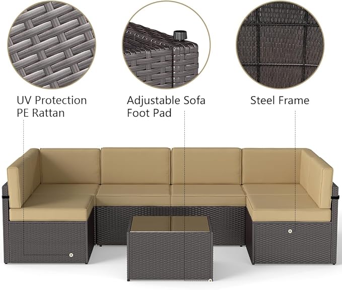 FIZZEEY 7 PCs Outdoor Patio Furniture PE Wicker Rattan Sectional Conversation Sofa Sets, Khaki
