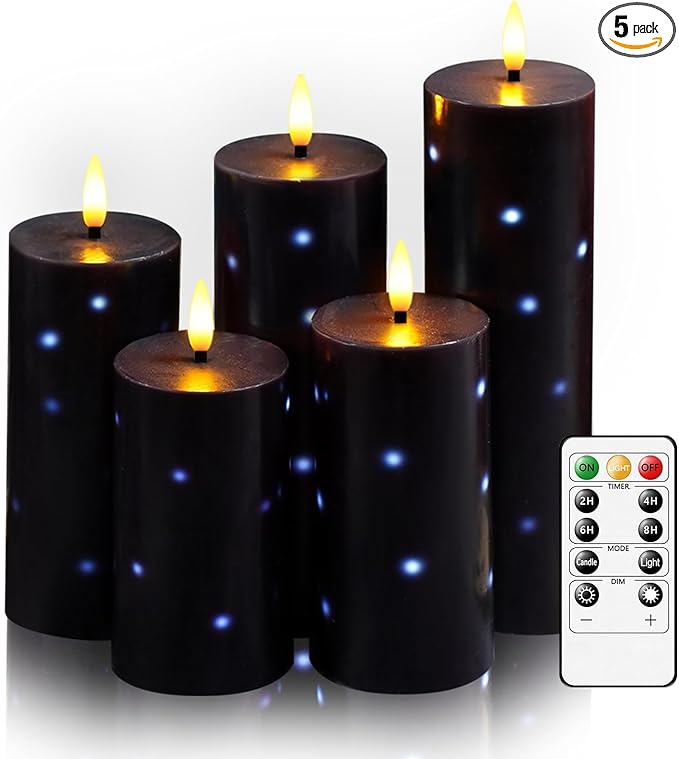 Nimiko Flickering Flameless Candles with Remote Control and Timer Set of 5 Pc Real Wax LED Pillar Candles, Battery Operated Candles（D2.2×H5/5.5"/6"/7"/8"） Halloween Decorations Home Decor （Black）