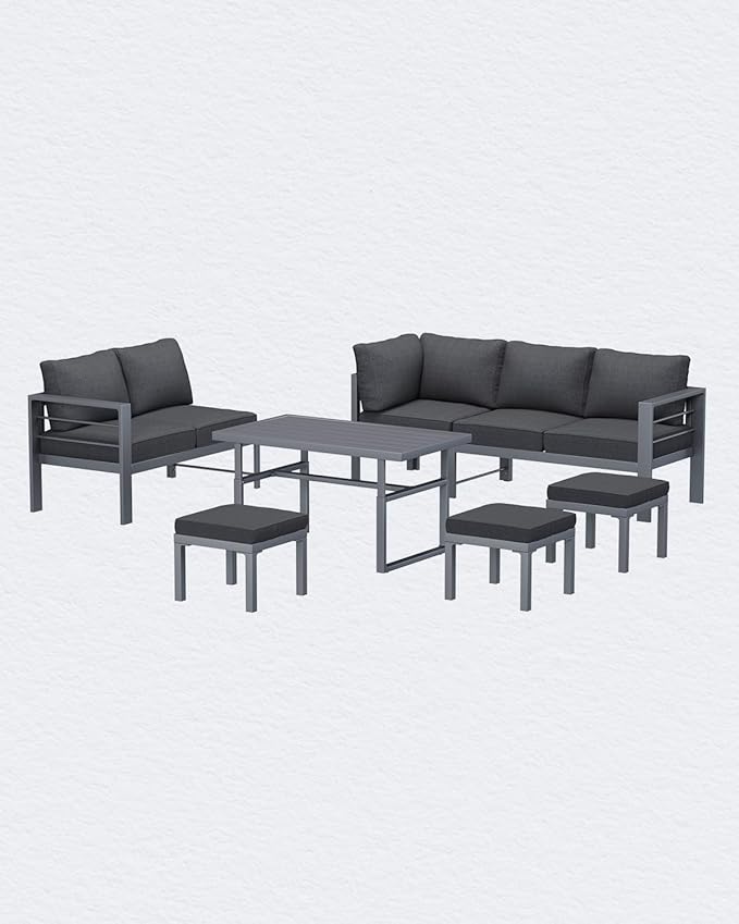 AECOJOY Aluminum Patio Furniture Set, 8 Seats Modern Outdoor Furniture with Adjustable Table, 7 Pieces Metal Conversation Sectional Sofa, Dark Gray