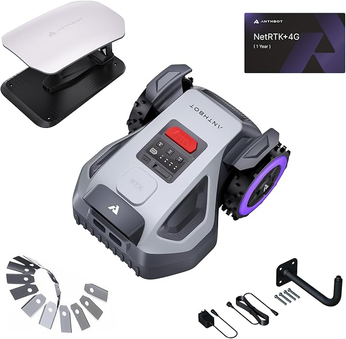ANTHBOT M5 Pre-Order Set, Robot Lawn Mower Perimeter Wire Free. Includes Garage, NetRTK, 4G Service, RTK Wall Mount Kit, 15pcs Blades. Automatic Mapping Zone Division, 1/4 Acre, 45% Slope