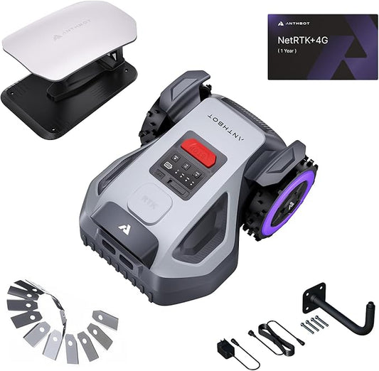 ANTHBOT M5 Pre-Order Set, Robot Lawn Mower Perimeter Wire Free. Includes Garage, NetRTK, 4G Service, RTK Wall Mount Kit, 15pcs Blades. Automatic Mapping Zone Division, 1/4 Acre, 45% Slope