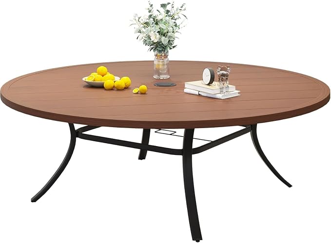 VICLLAX 60" Outdoor Round Patio Dining Table for 8-10, All Weather Metal Dining Table with Umbrella Hole for Deck Lawn Garden Backyard, Walnut