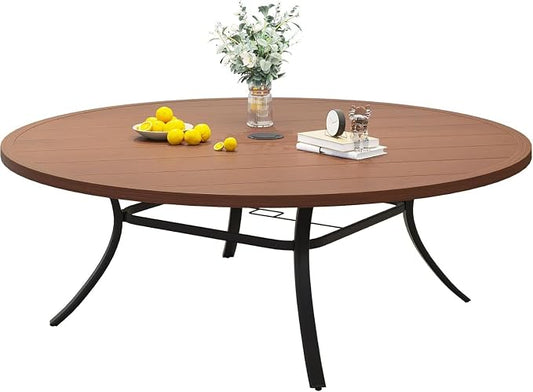 VICLLAX 60" Outdoor Round Patio Dining Table for 8-10, All Weather Metal Dining Table with Umbrella Hole for Deck Lawn Garden Backyard, Walnut