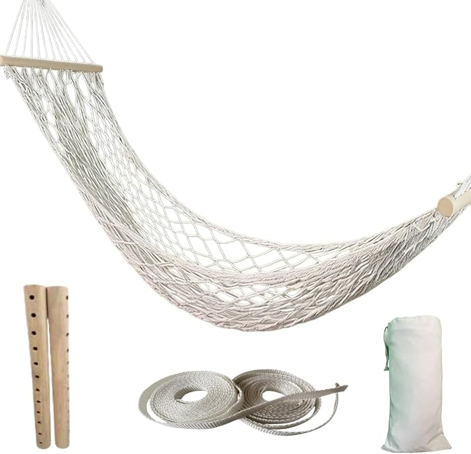 79x32in Anti-Rollover Mesh Hammock, Wood Bar, 300LB, White | Anti-rollover wood bar, 300LB mesh hammock. Breathable, foldable. For camping, patio & bedroom. Fits trees & stands。