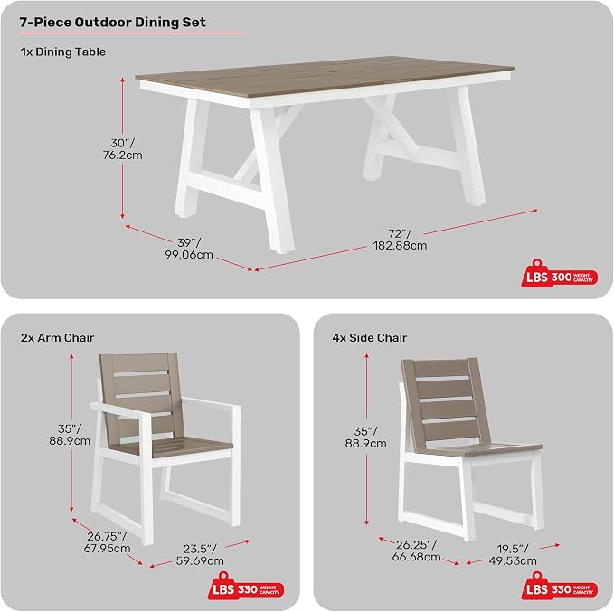 Costaelm Stinson 7-Piece Outdoor HDPE Patio Dining Table Set with Umbrella Hole & Dining Chairs for 6, Weathered Wood