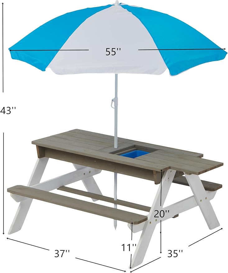 3-in-1 Kids Picnic Table with Umbrella, Convertible Sand and Water Table Outdoor Picnic Table for Outdoor Backyard Patio Play