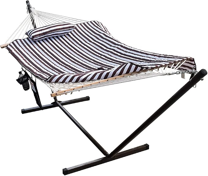 Lazy Daze Hammocks Double Hammock with 12 ft Steel Stand, 2 Person Cotton Rope Hammock with Quilted Pad, Spreader Bars, Detachable Pillow, Mag Bag & Cup Holder, Brown/White Stripe