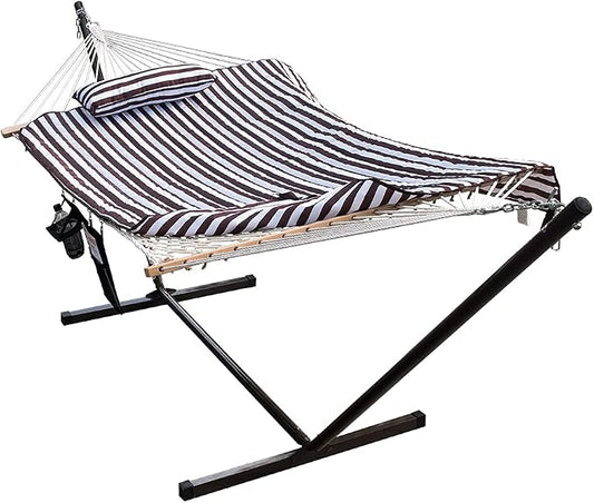 Lazy Daze Hammocks Double Hammock with 12 ft Steel Stand, 2 Person Cotton Rope Hammock with Quilted Pad, Spreader Bars, Detachable Pillow, Mag Bag & Cup Holder, Brown/White Stripe