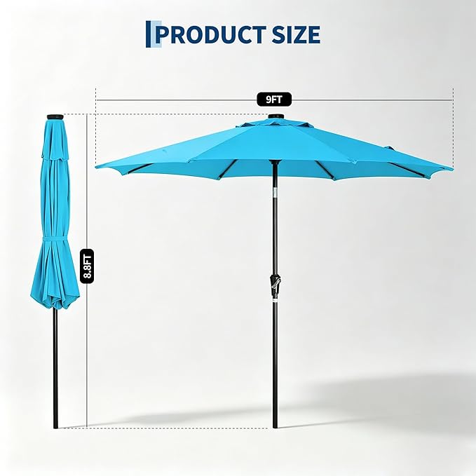 Garvee 9FT Patio Umbrella with 32 Solar LED Lights, Outdoor Table Market Umbrella with Tilt and Crank, 8 Sturdy Iron Ribs Sun Shade for Garden, Deck, Backyard and Pool, Turquoise Blue