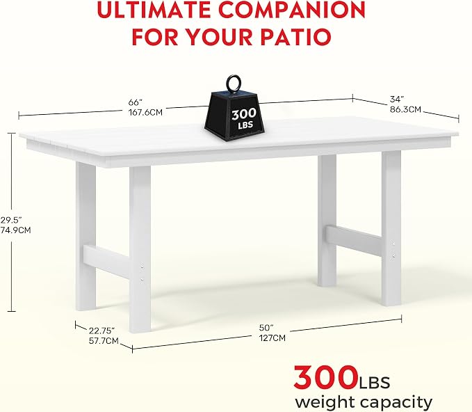 Costaelm Outdoor Patio Table, Outdoor Dining Table for 6, Weather Resistant Rectangle Patio Table with Umbrella Hole for Outside, Garden, Poolside, Porch, White